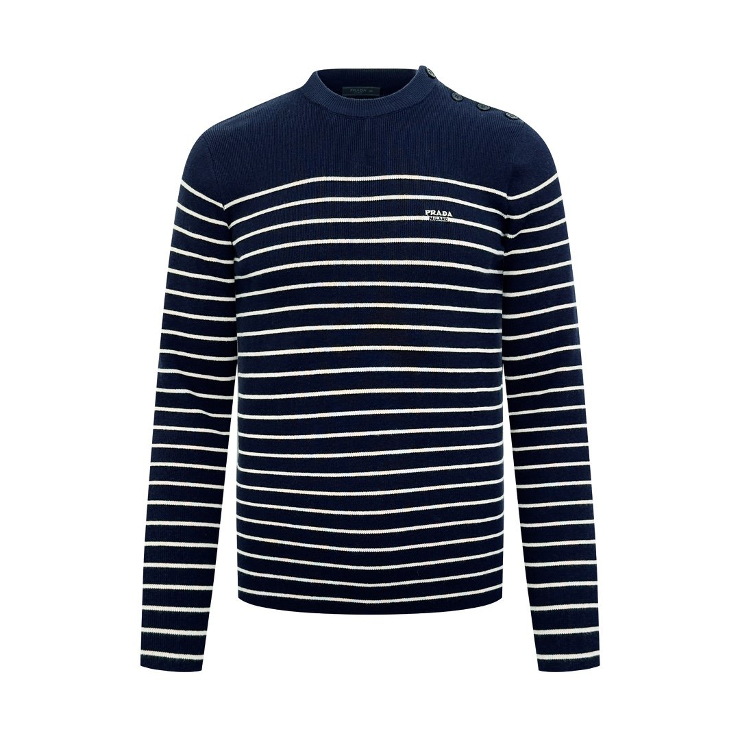 Prada Striped Embroidered Button Side-Opening Sweater 92003