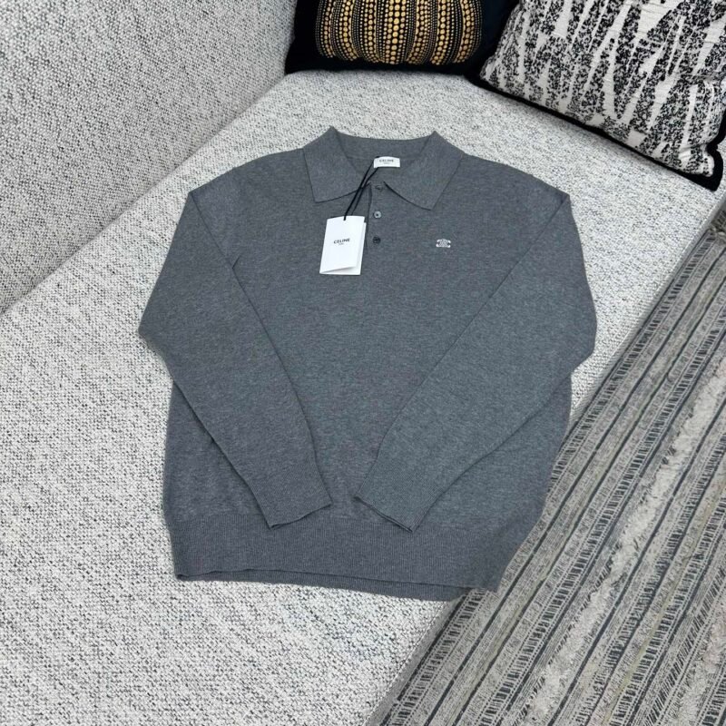 Celine solid-color polo shirt with ribbed trim at the collar and knitted fabric 92201
