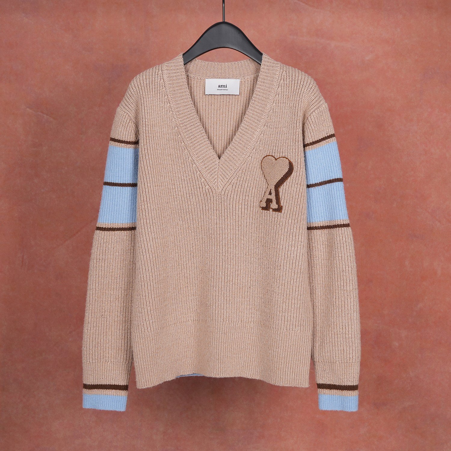 Ami Paris Striped sleeve v-neck knit sweater D110802 - Image 2