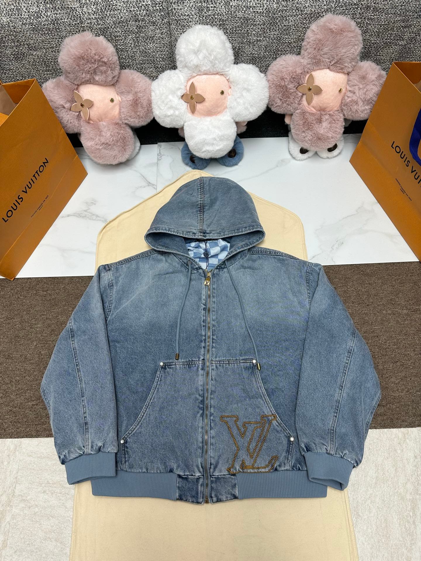LV Denim Zippered Hooded Coat 110103