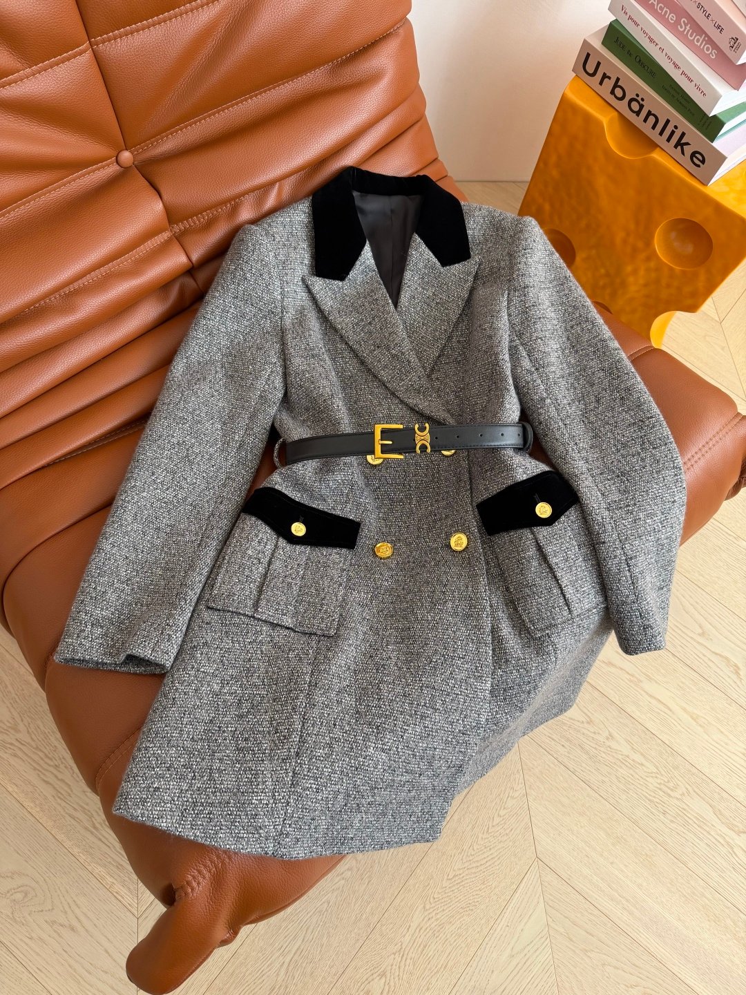 Celine grey tweed double-breasted overcoat with D111401