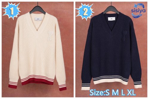 Ami Contrasting Color V-neck Long-Sleeved Pullover Knit Shirt D110410
