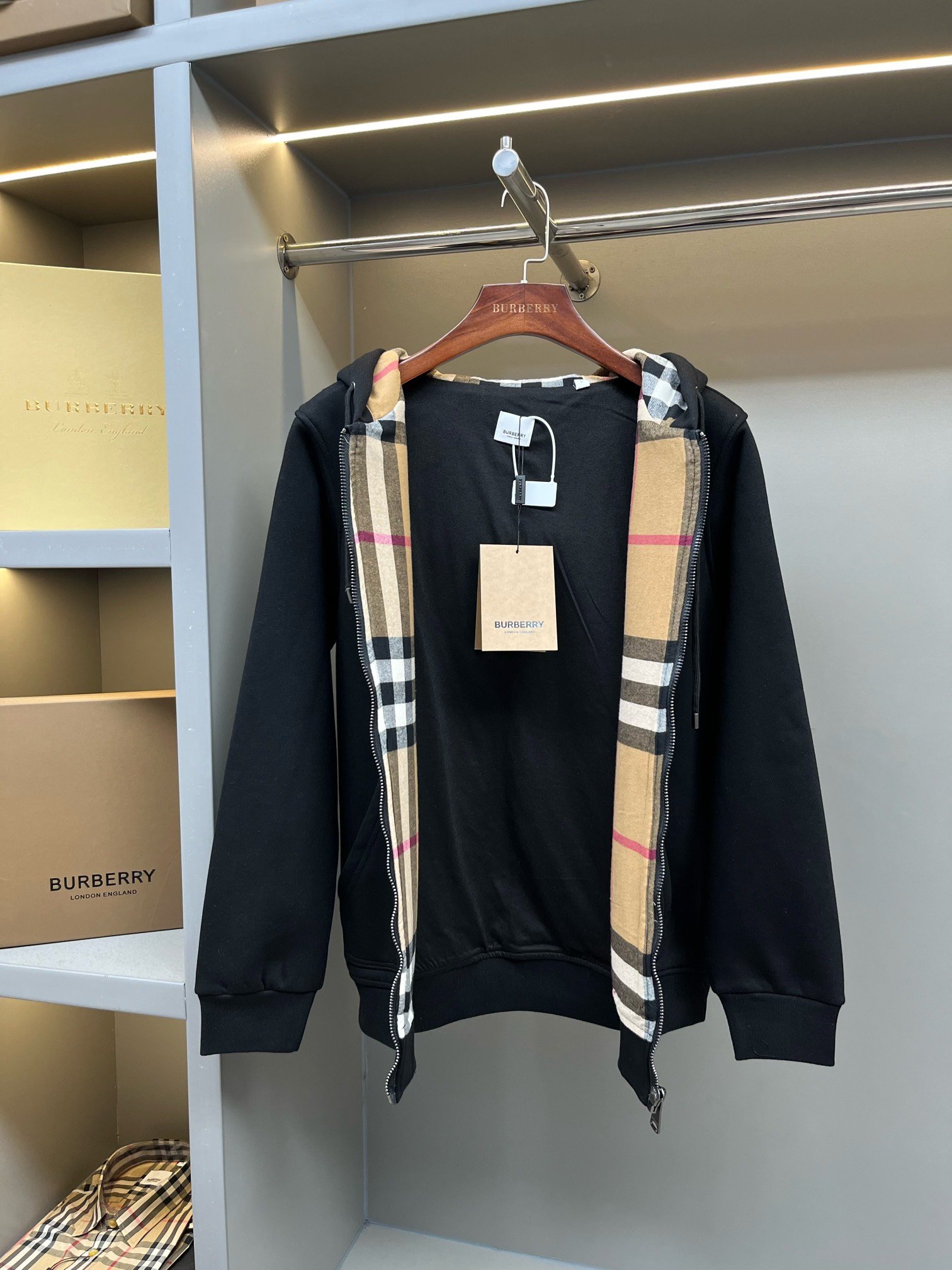 Burberry Check Hood Cotton Blend Zip Hoodie dz112901 - Image 5