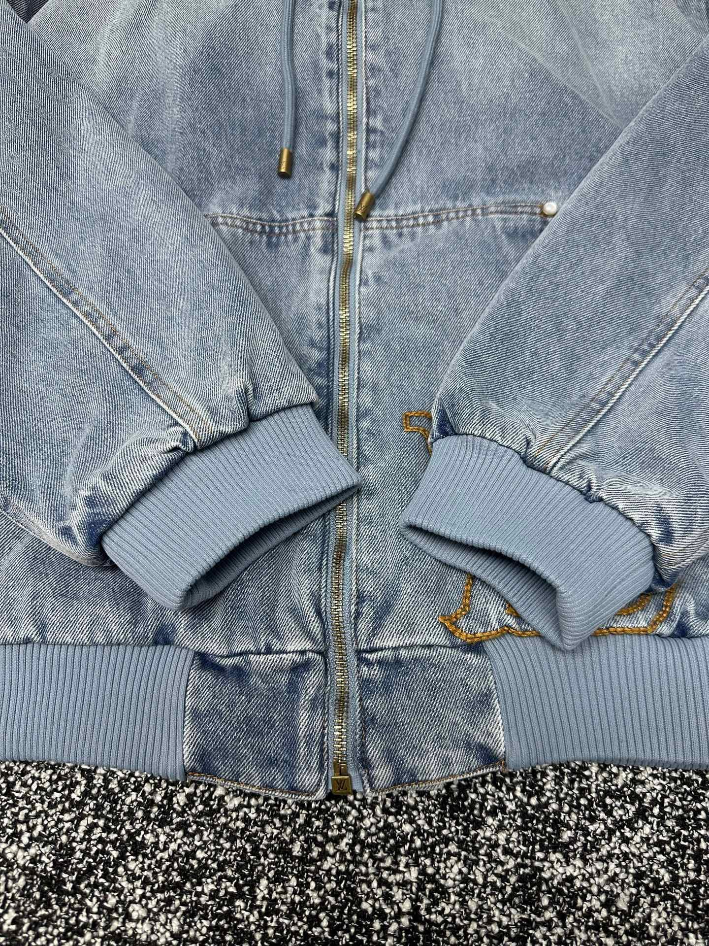 LV Denim Zippered Hooded Coat 110103 - Image 5