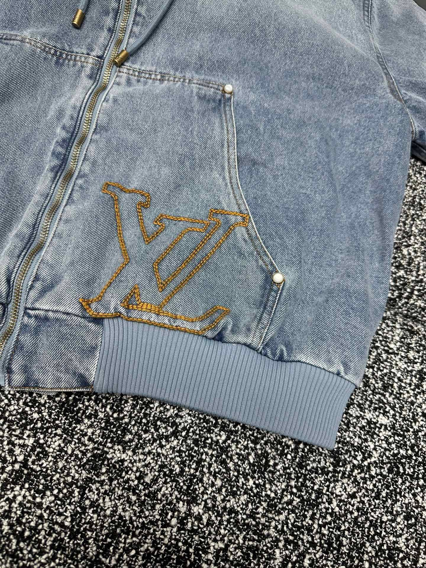 LV Denim Zippered Hooded Coat 110103 - Image 6