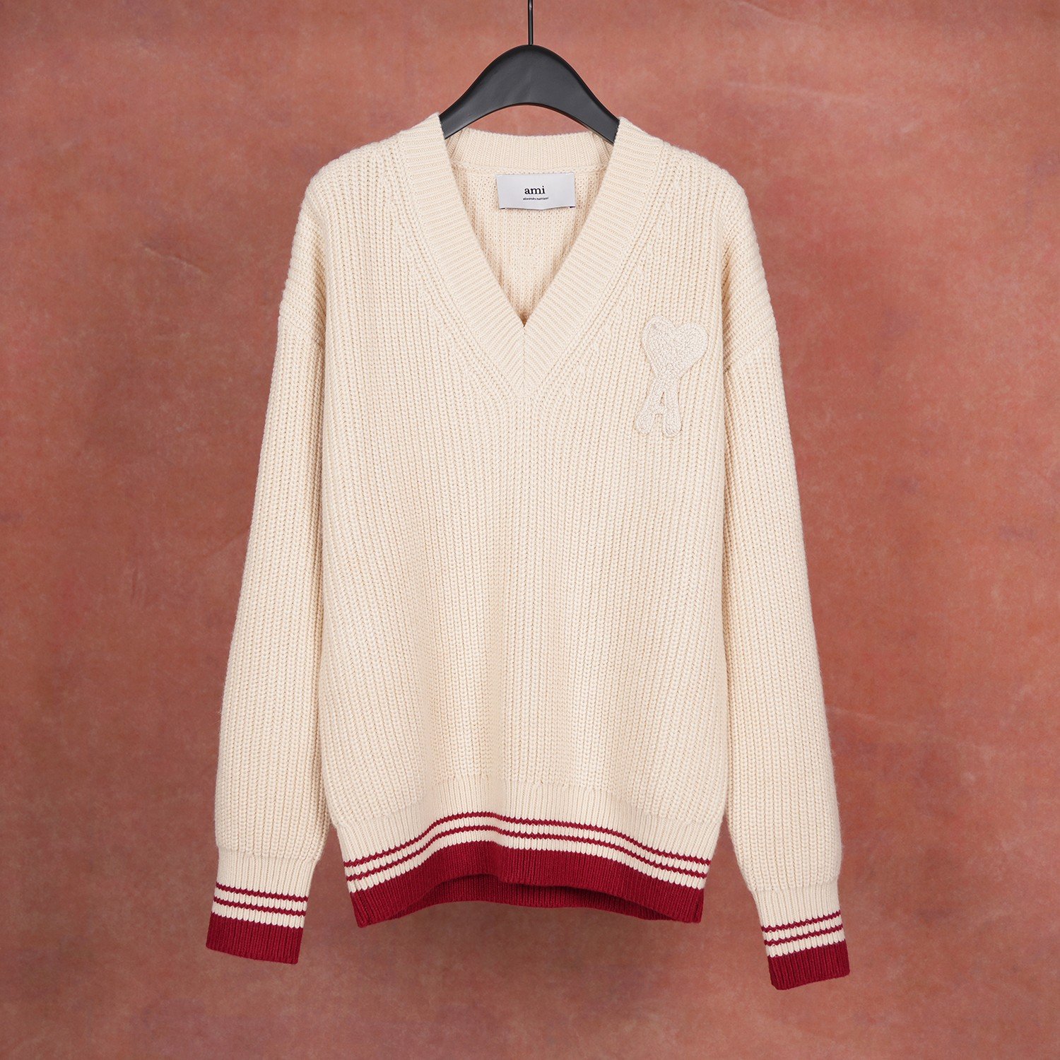 Ami Contrasting Color V-neck Long-Sleeved Pullover Knit Shirt D110410 - Image 3