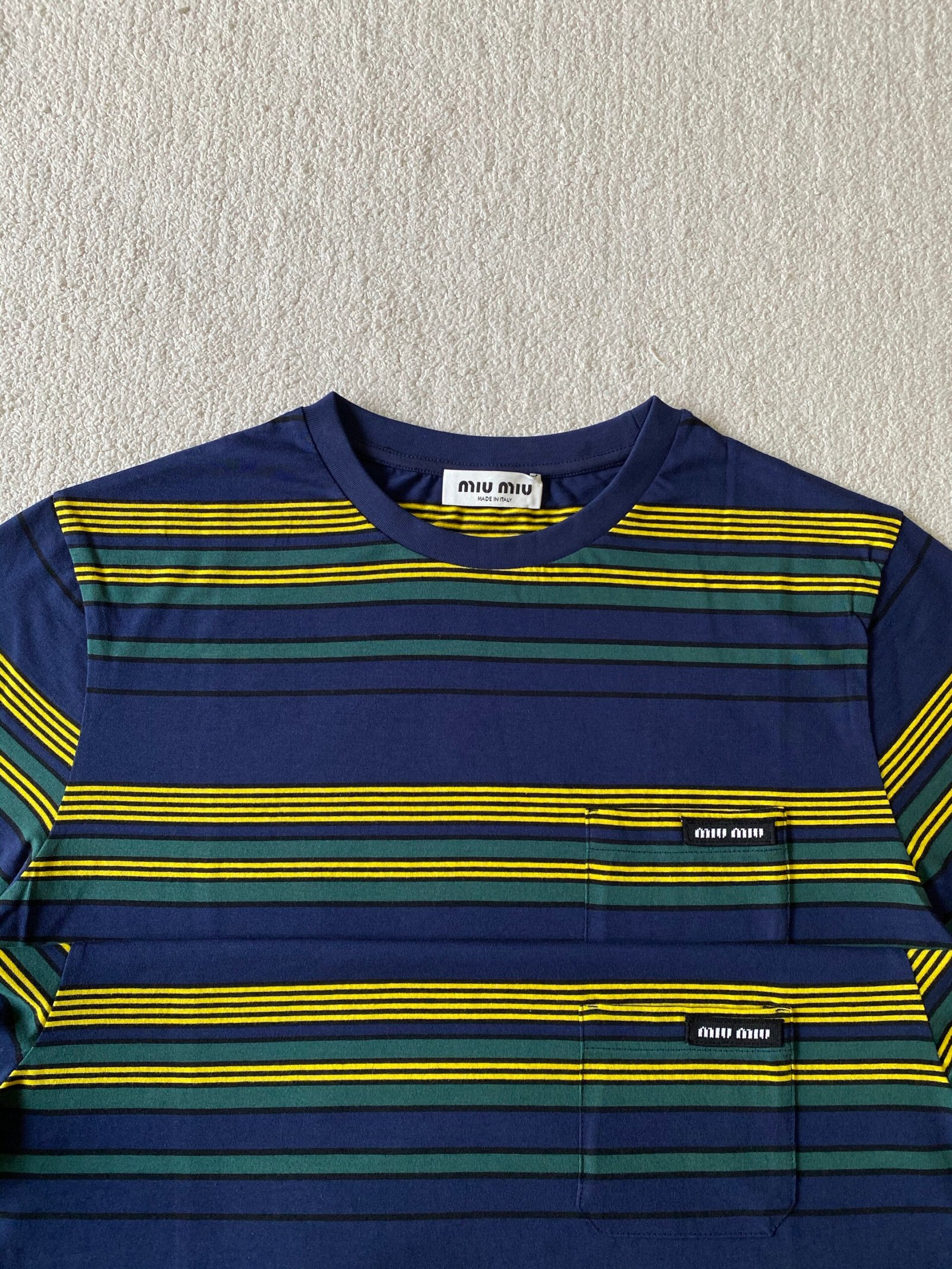 MIUMIU yellow-green-blue striped round-neck short-sleeved shirt 111209