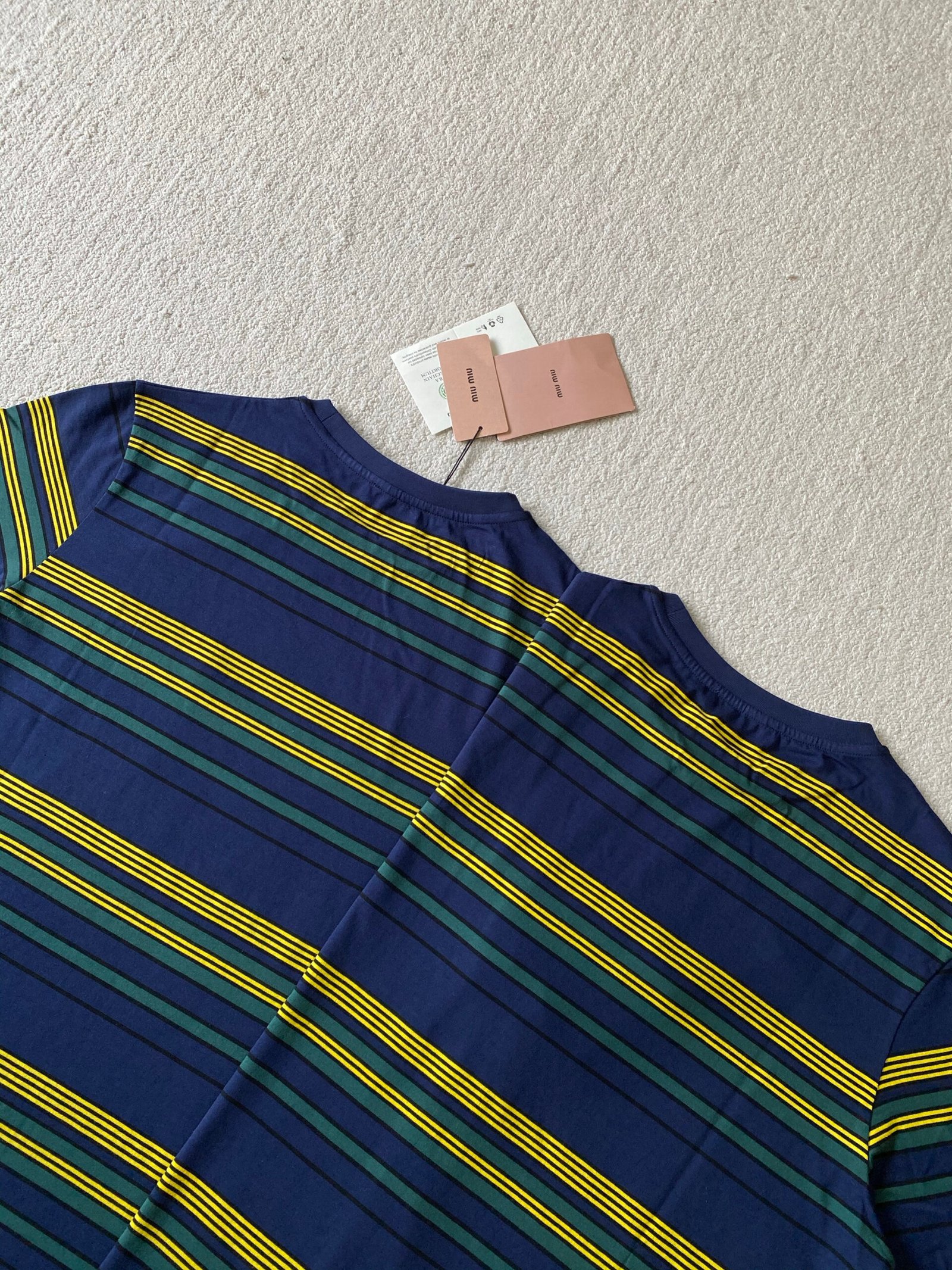MIUMIU yellow-green-blue striped round-neck short-sleeved shirt 111209 - Image 3