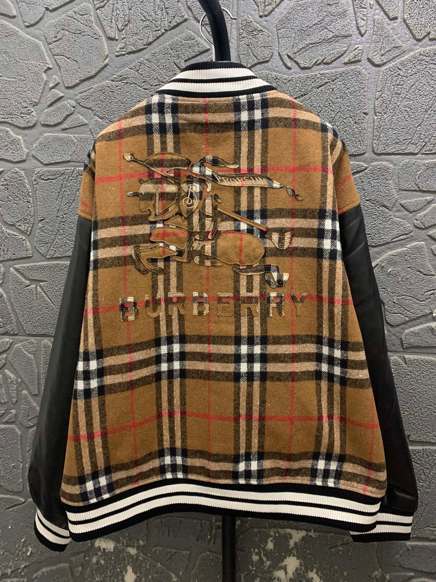 Burberry patchwork knit sweater paired with a baseball jacket featuring spurs-embroidered letter pattern 111210 - Image 3