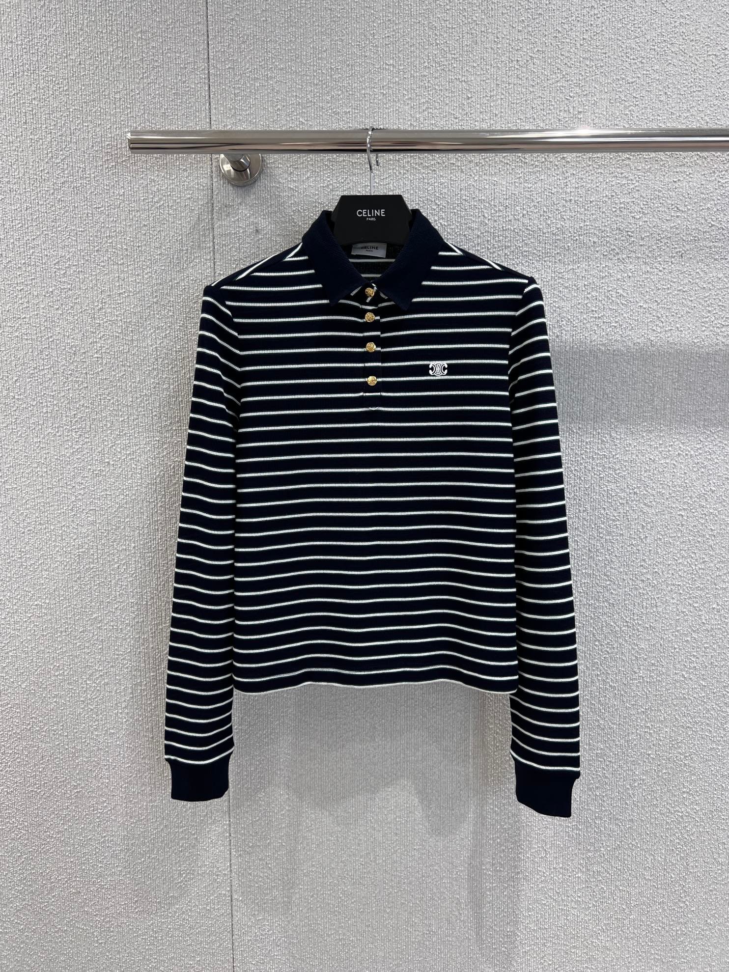 Celine Striped Long-Sleeve Polo Shirt D112404