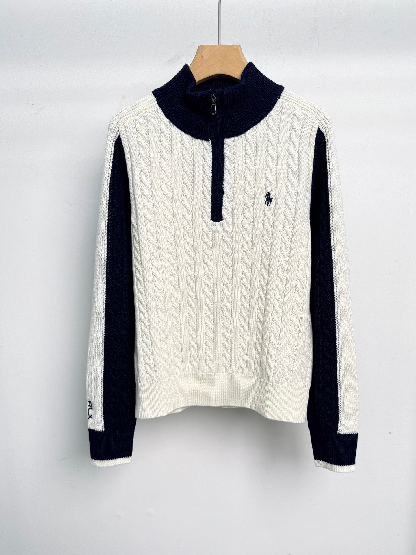 Polo style small spandex embroidered checkered half-zip sweater D112710