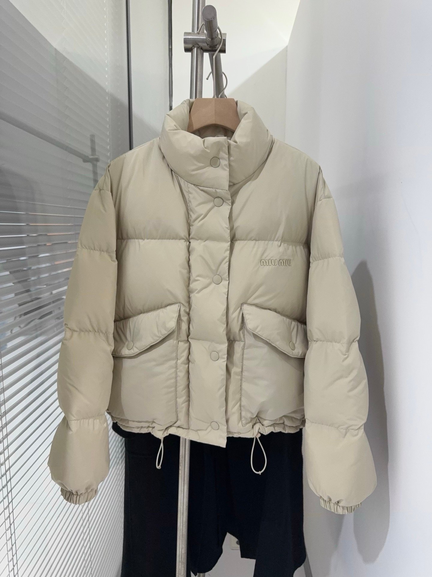 Miu Miu technical pongé down jacket in a beige D120907