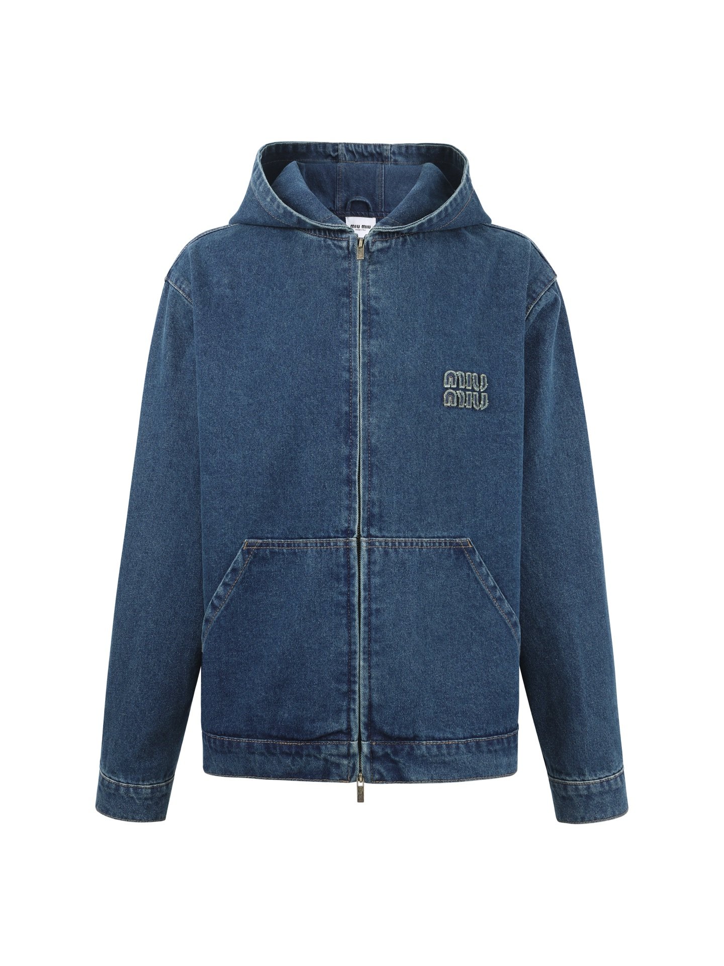 MIU MIU Hooded Embroidered Solid-color Long-sleeved Zipper Denim Jacket 122602