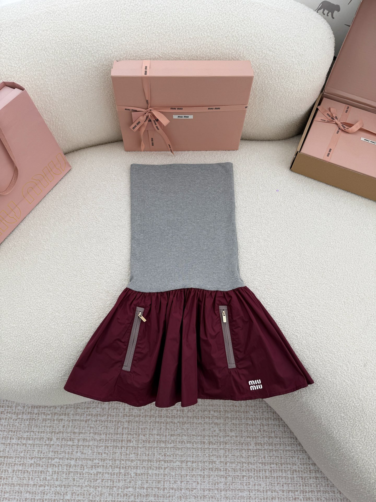 MIUMIU strapless patchwork puff-sleeved dress W6020901