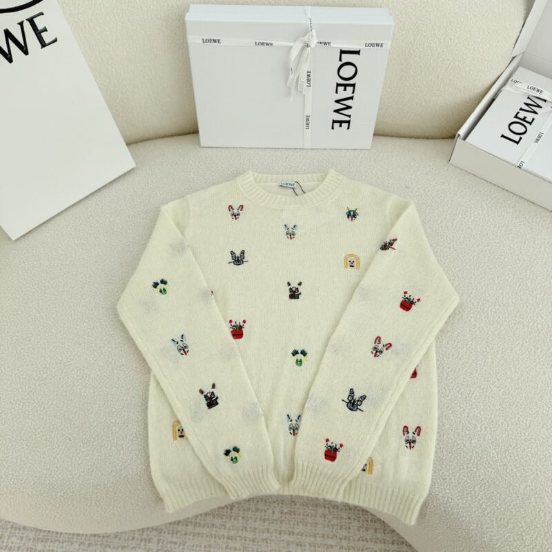 Loewe Animal Embroidery White Wool Sweater W6021106