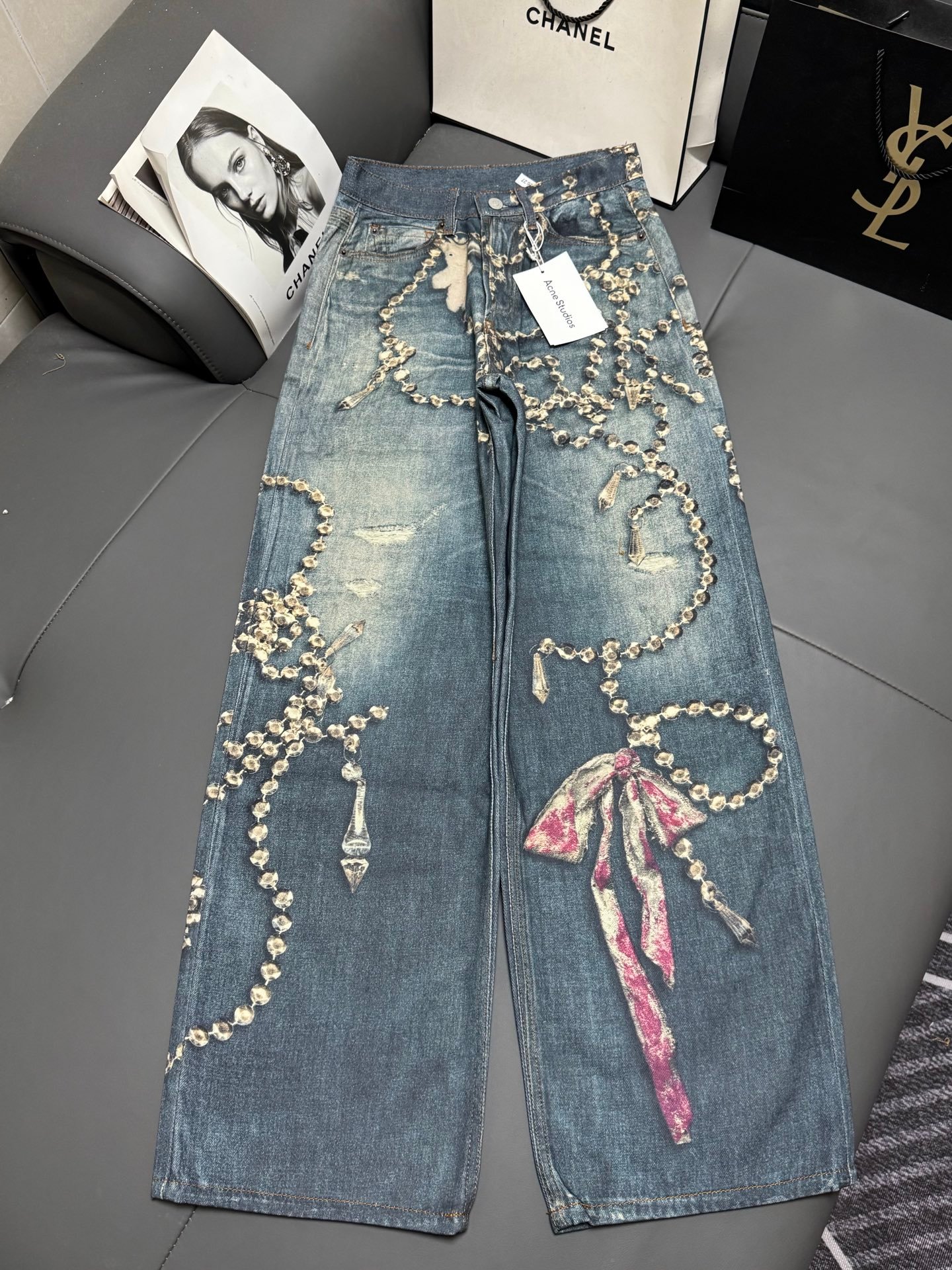 Acne Studio 3D printed crystal optical illusion chain denim trousers M6021403