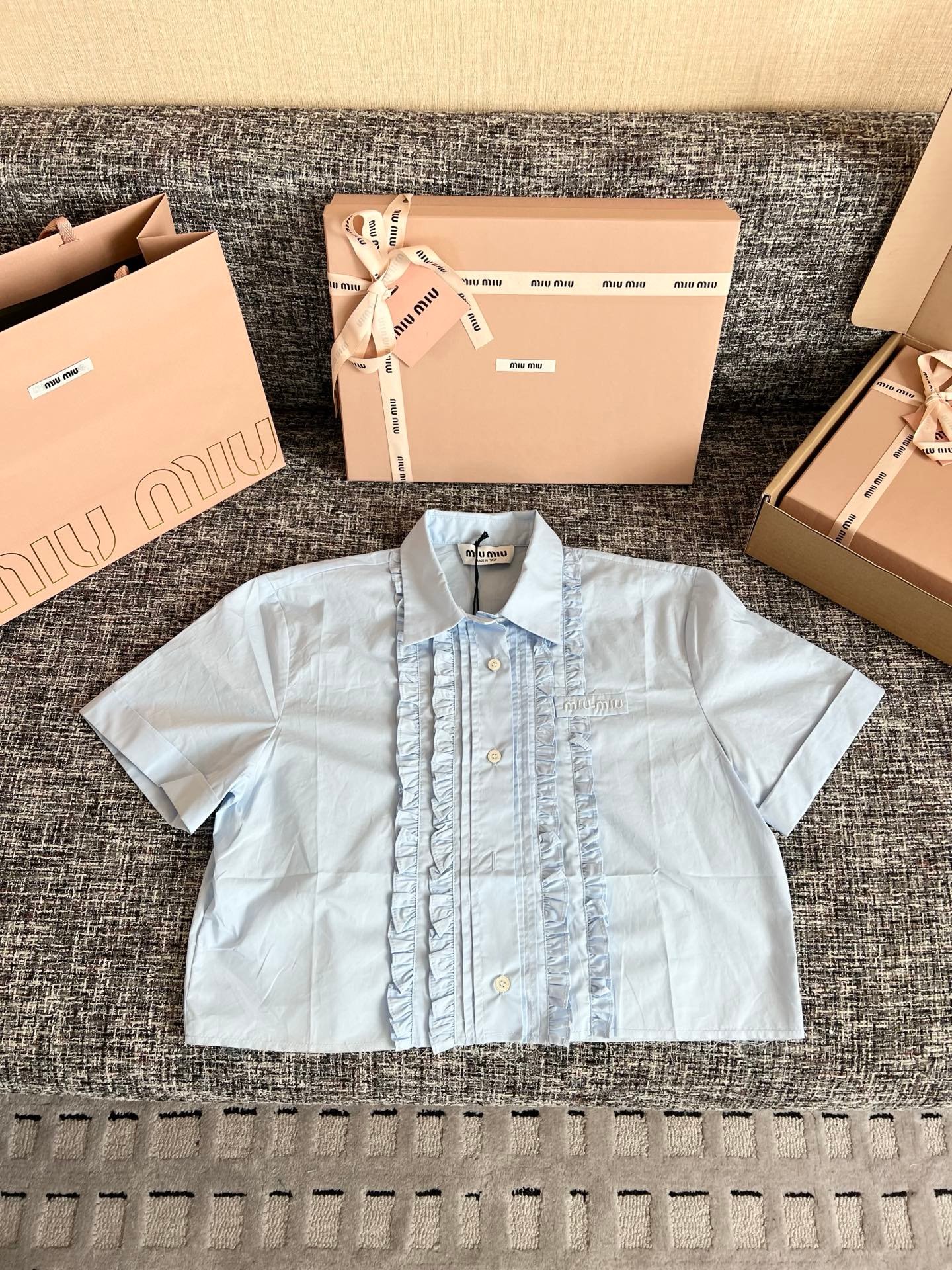 Miu Miu Light Blue Collared Boatneck Shirt W6041404