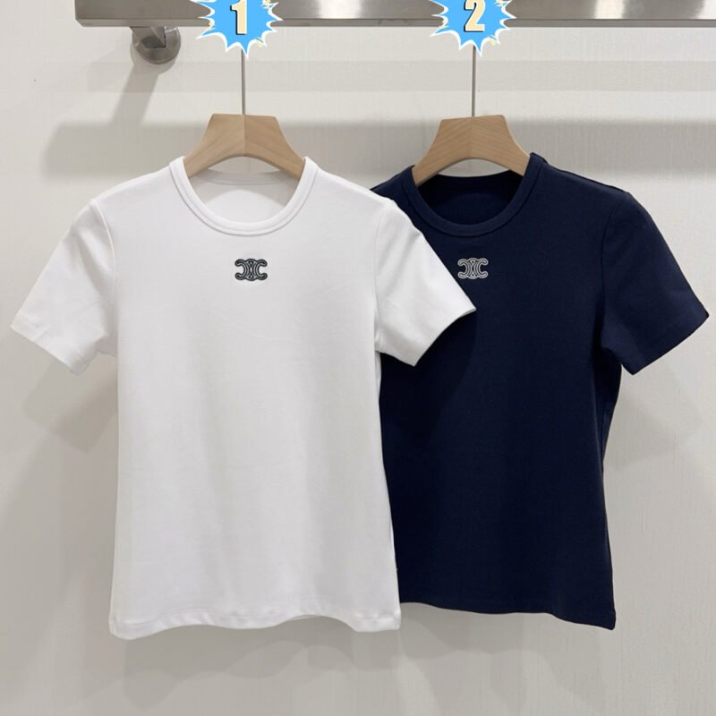 CELINE Triomphe Embroidered Cotton Plain Knit T-shirt W6041803