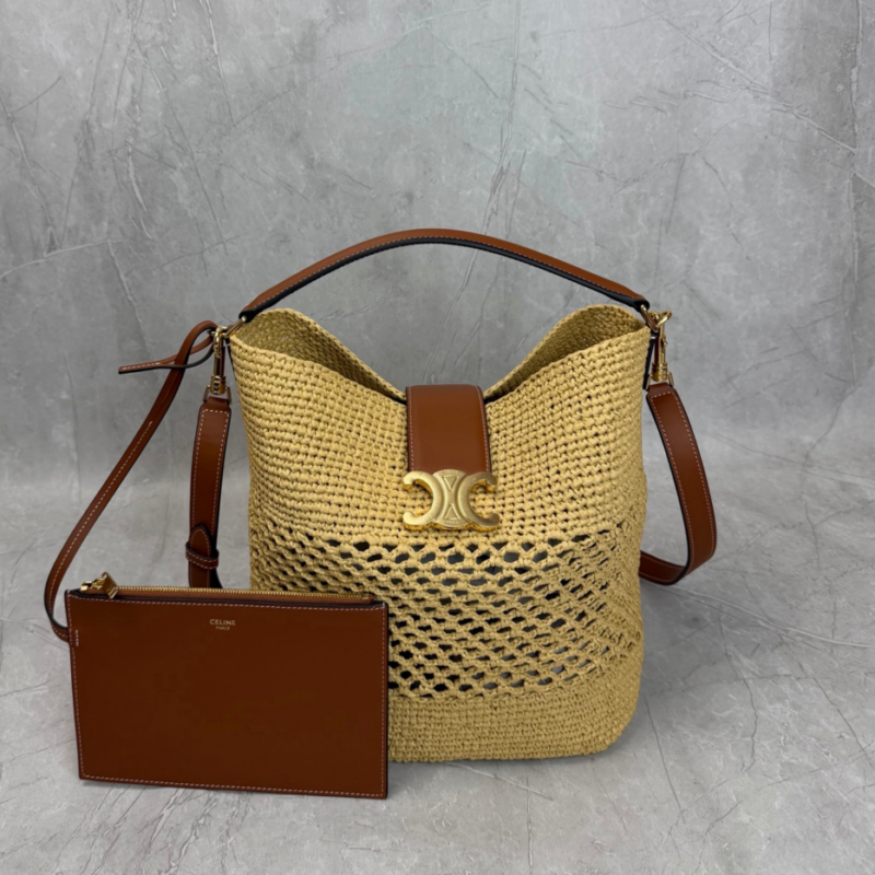 Celine Small Louise Bucket In Raffia And Calfskin B6050502