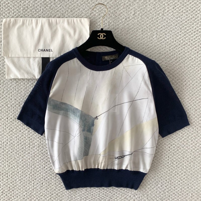 Loro Piana White with Blue Pattern Silk Short-Sleeve Top W6050502