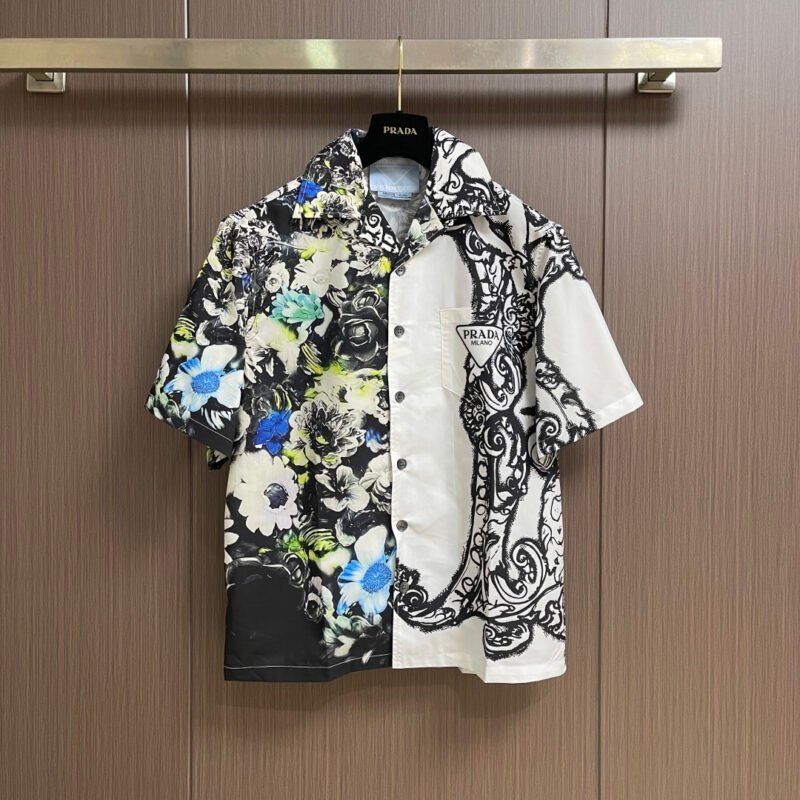 PRADA asymmetrical contrasting color print short-sleeved shirtM6050601