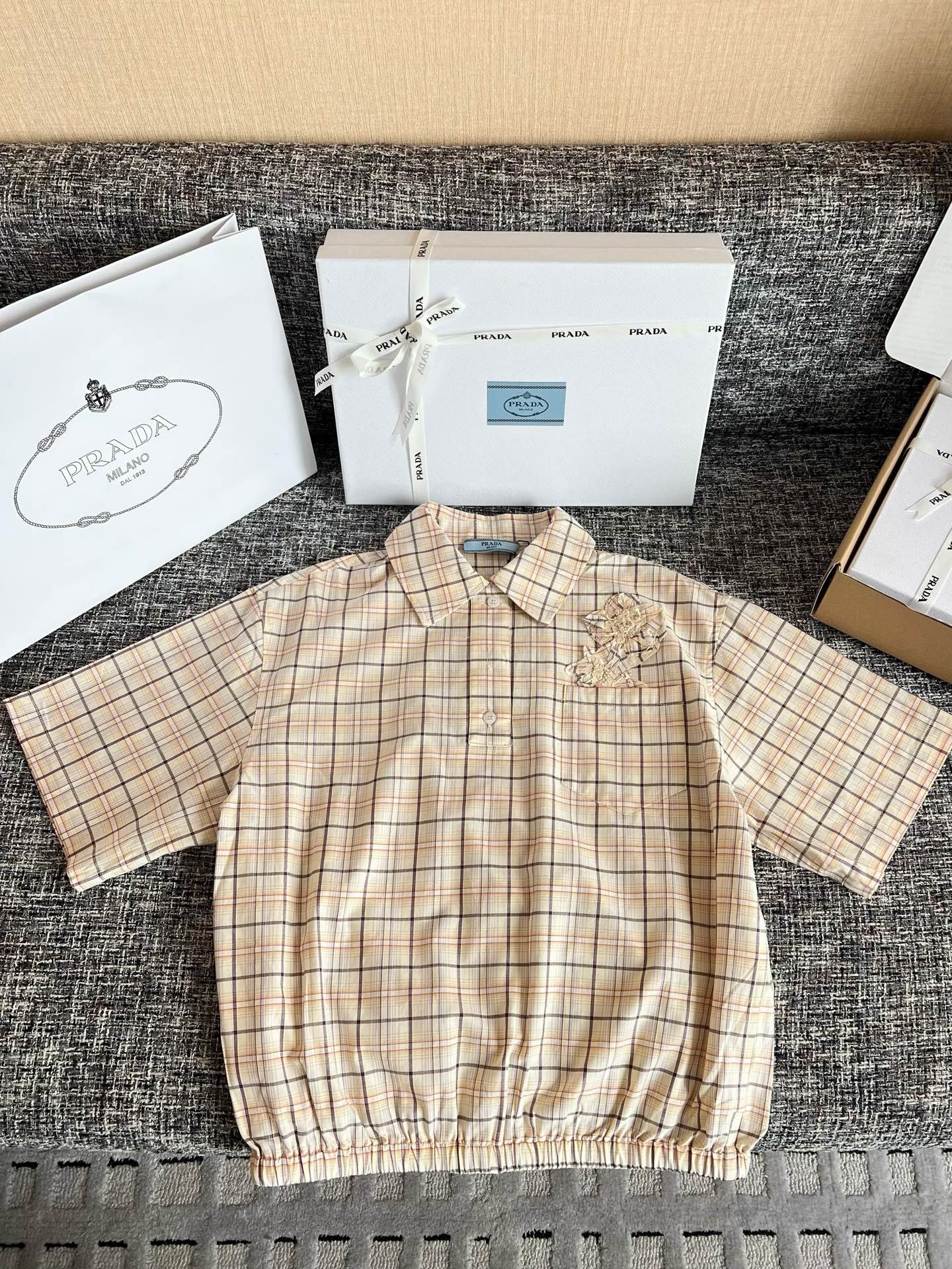 Prada Natural/lilac Embroidered Checked Poplin Top W6051202