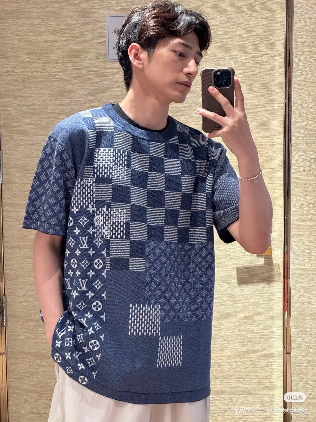 1v Checkered jacquard wool short sleeve shirt M6052002 - Image 2