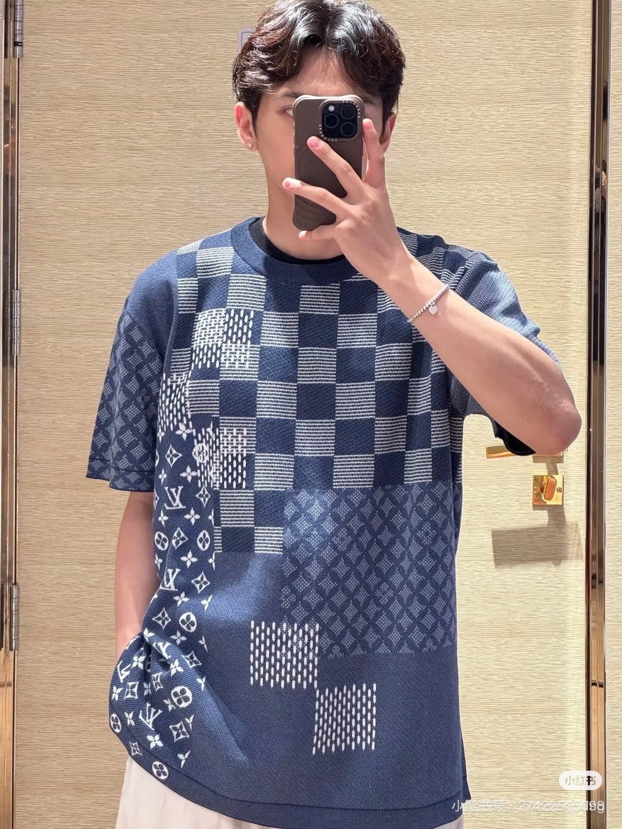 1v Checkered jacquard wool short sleeve shirt M6052002 - Image 3