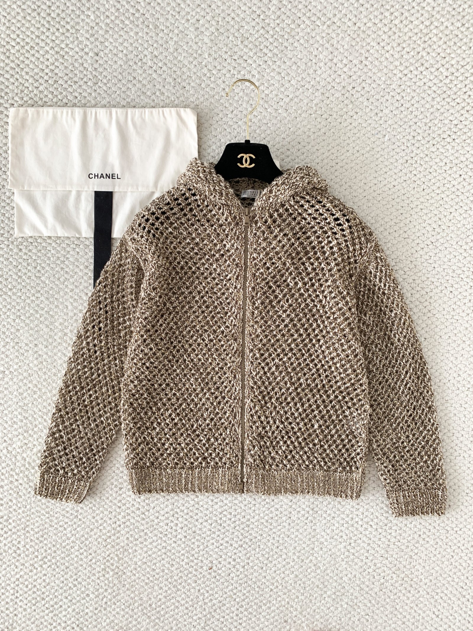 Brunello Cucinelli Shimmering Net Knit Zip Hooded Cardigan W6052503