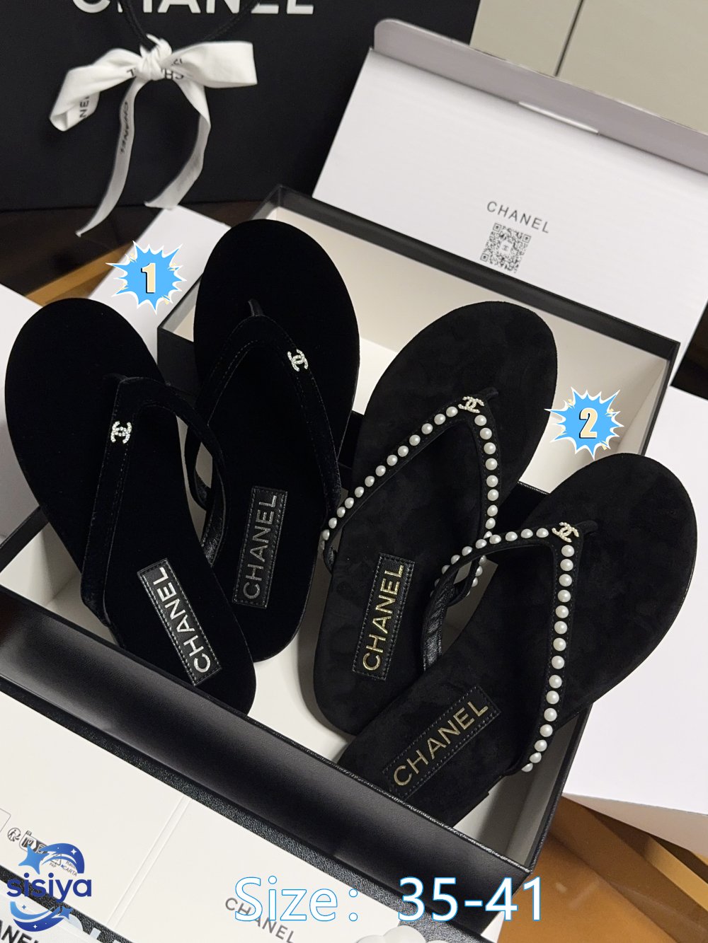 Chanel black suede embellished thong sandals B6052802