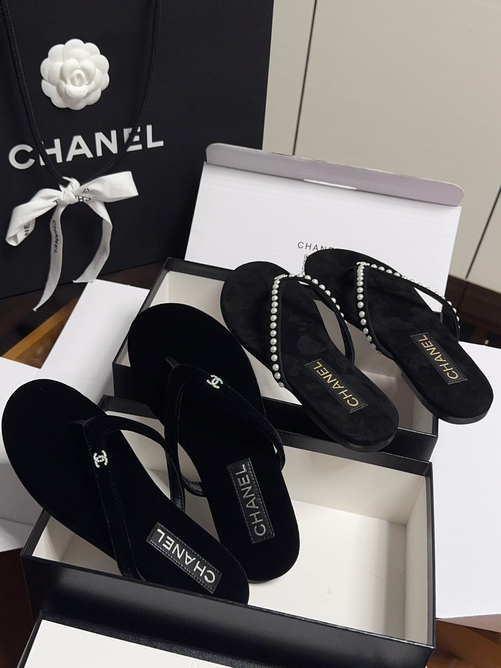 Chanel black suede embellished thong sandals B6052802 - Image 2