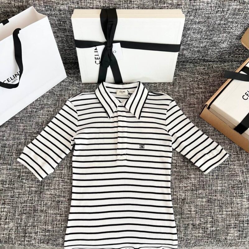 CELINE Striped Silk Plain Knit Polo Shirt W6060903