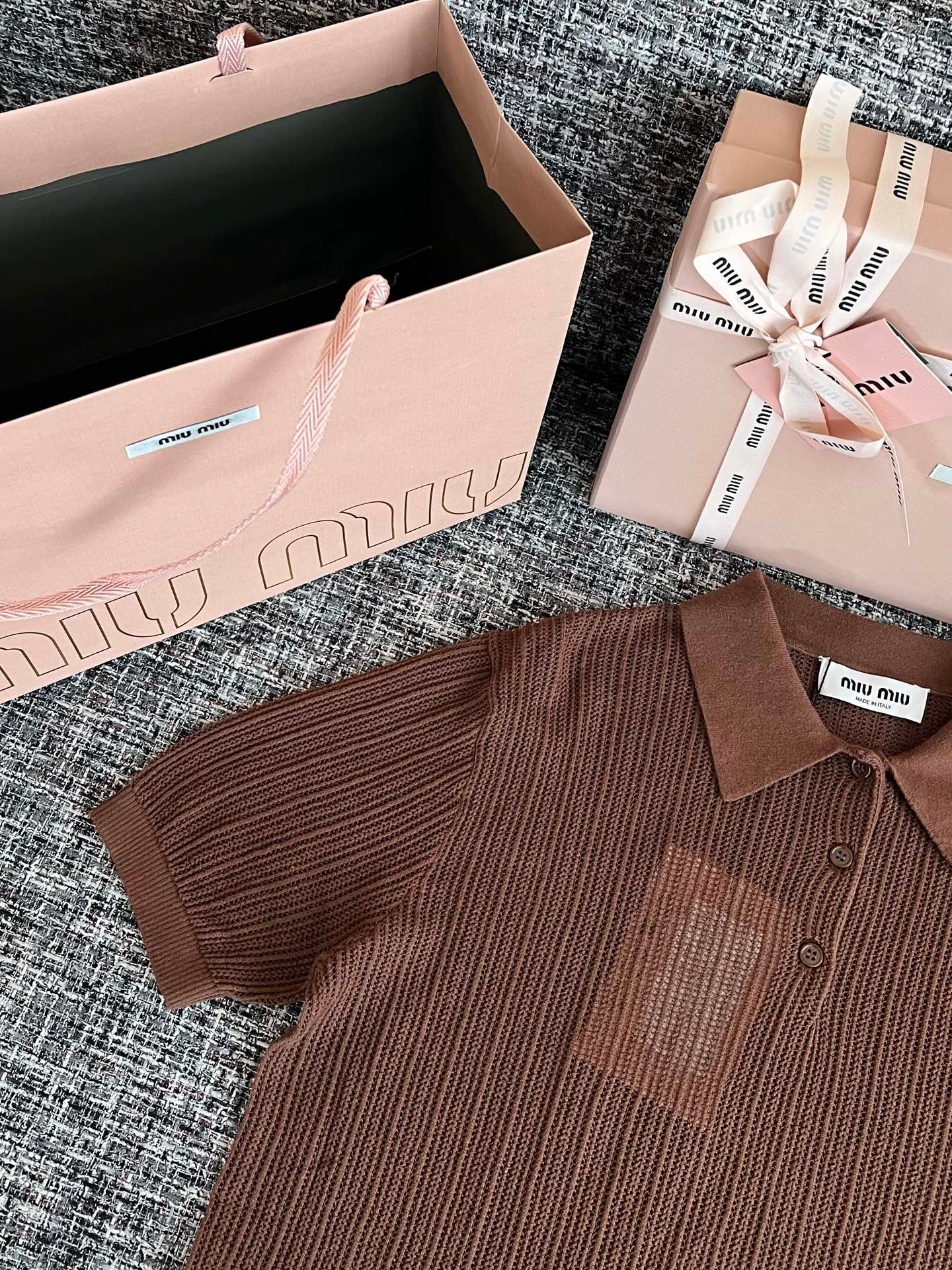 Miu Miu Cocoa Brown Cotton Knit Polo Shirt W6061004 - Image 3