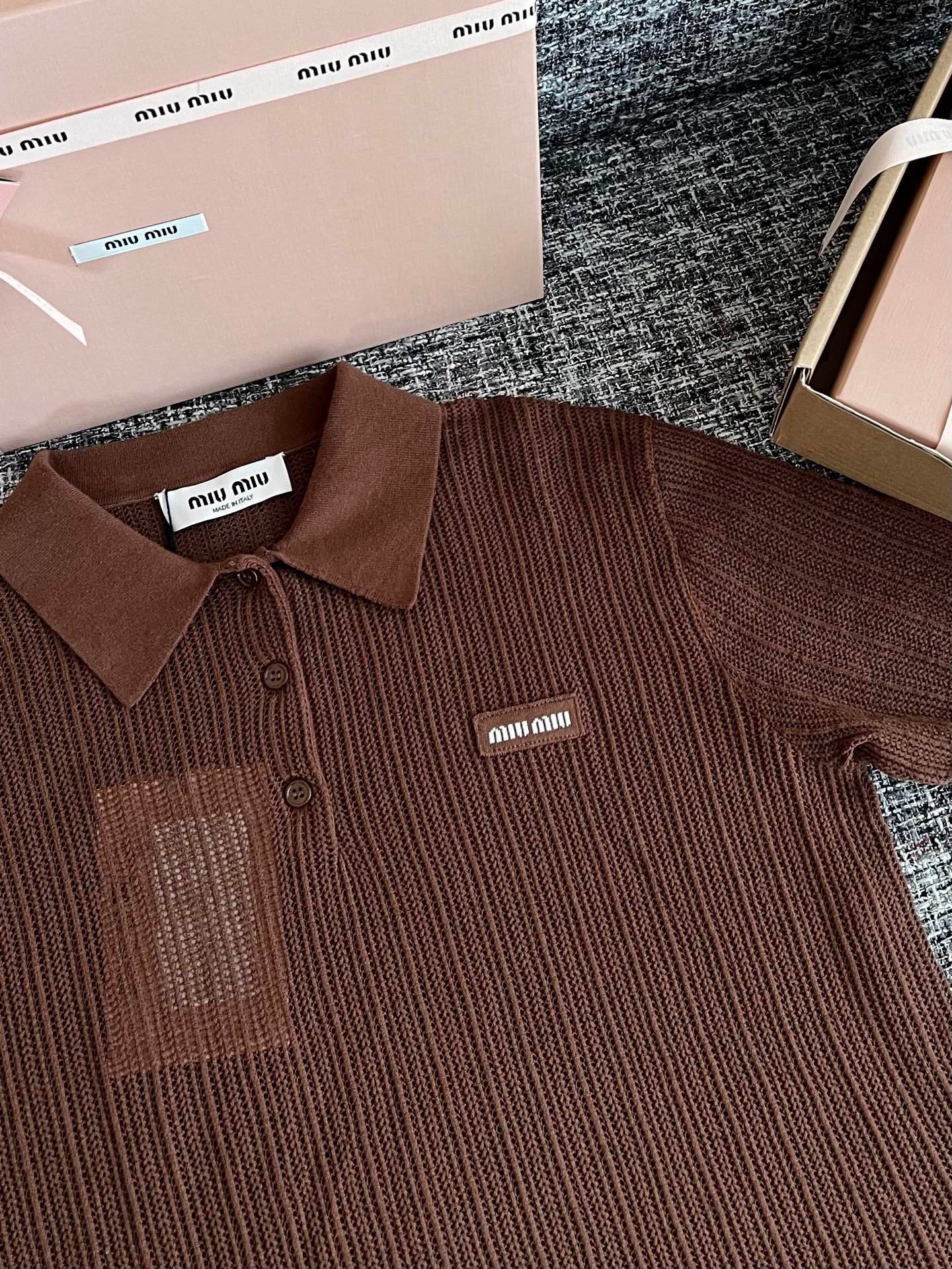 Miu Miu Cocoa Brown Cotton Knit Polo Shirt W6061004 - Image 4